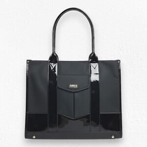 Aimee Kestenberg Heston Tote Bag Black Nylon Patent Trim Large Shoulder Work Bag
